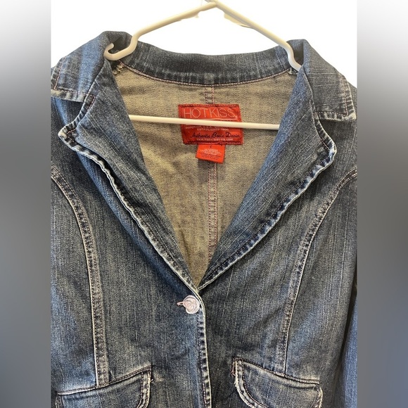 Hot Kiss Women's Collar Navy and Pink Denim Jean Button Jacket Size Large - Picture 15 of 15